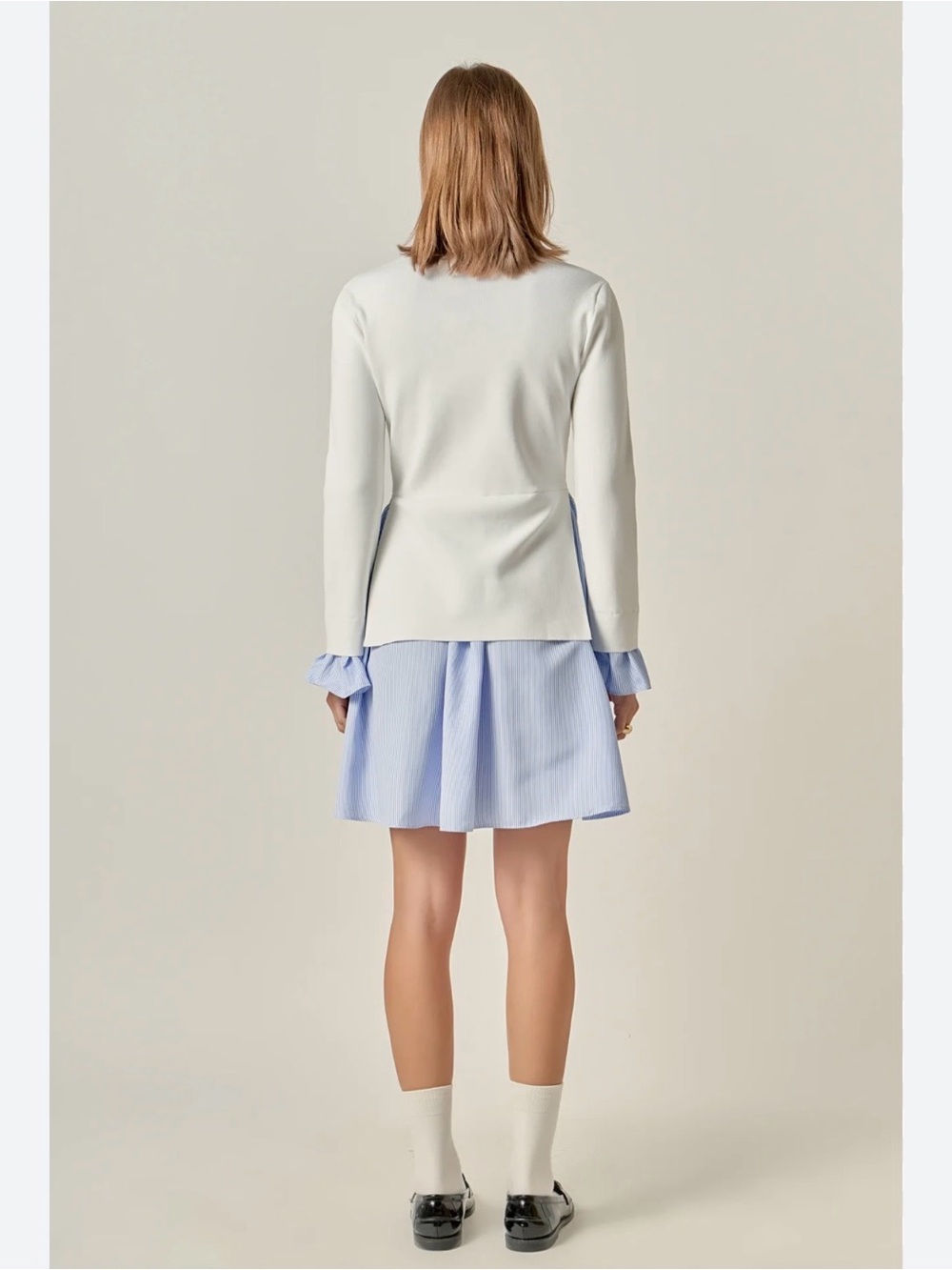 NWOT English Factory Mixed Media Knit Dress in blue and white poplin Size Small - Picture 4 of 7